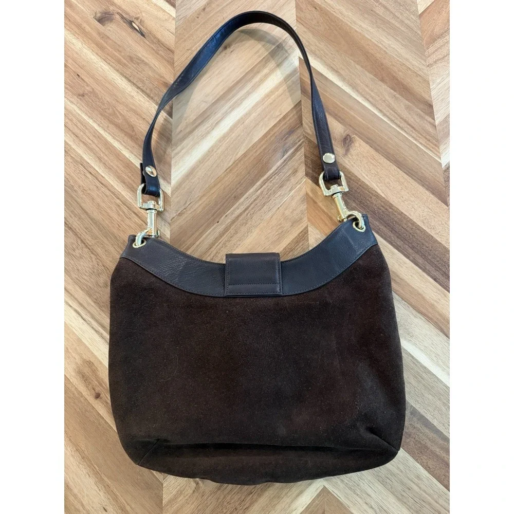 Vintage Susan Gail Brown Suede Hobo Shoulder Bag Purse Crescent Gold Hardware